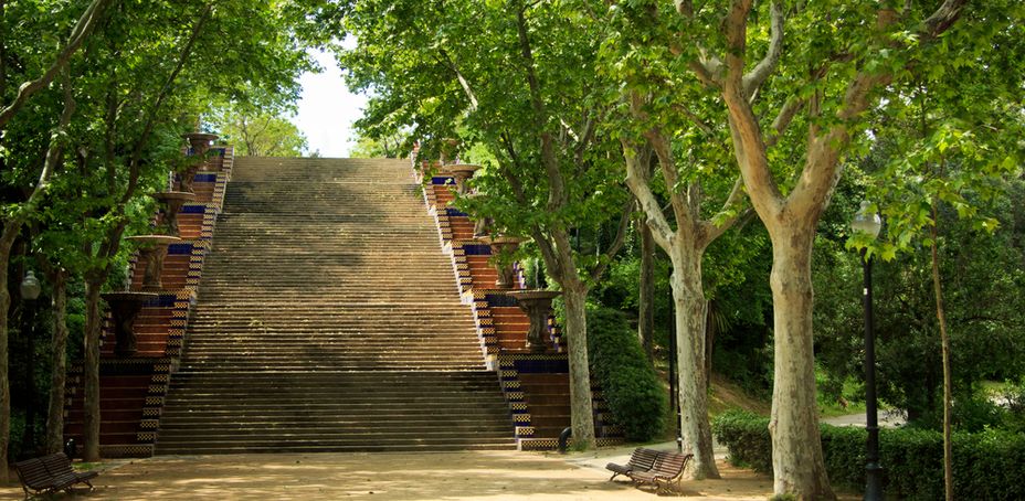 Image of a stone staircase surrounded by lush greenery and trees, located within the Montjuic Park.