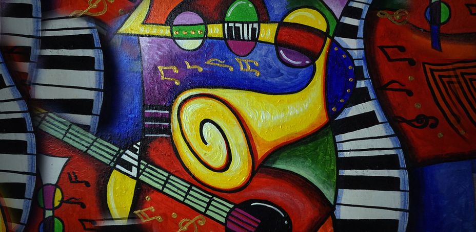 Vibrant abstract art featuring a guitar and piano surrounded by musical notes in bright colors.