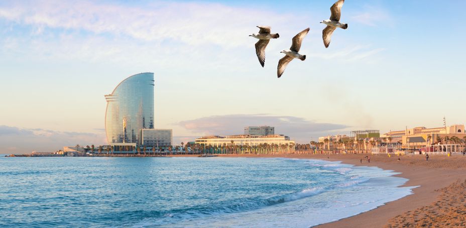 Barceloneta Beach in Barcelona with colorful sky at sunrise. Seafront, beach,coast in Spain